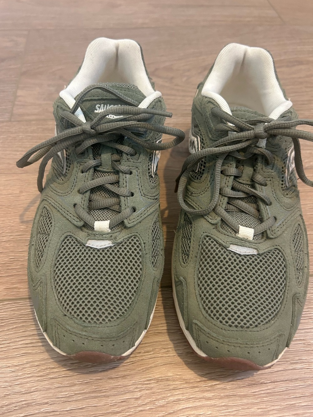 Saucony Olive Green and White Mesh Athletic Sneakers